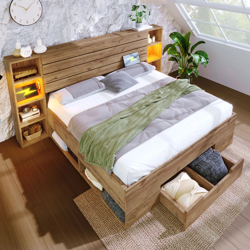 OKWISH Letto con Cassetti 180×200 cm, Letto Matrimoniale con LED Regolabile, USB, Tipo C e 2 Cassetti, senza Materasso, Legno e Metallo, Rovere
