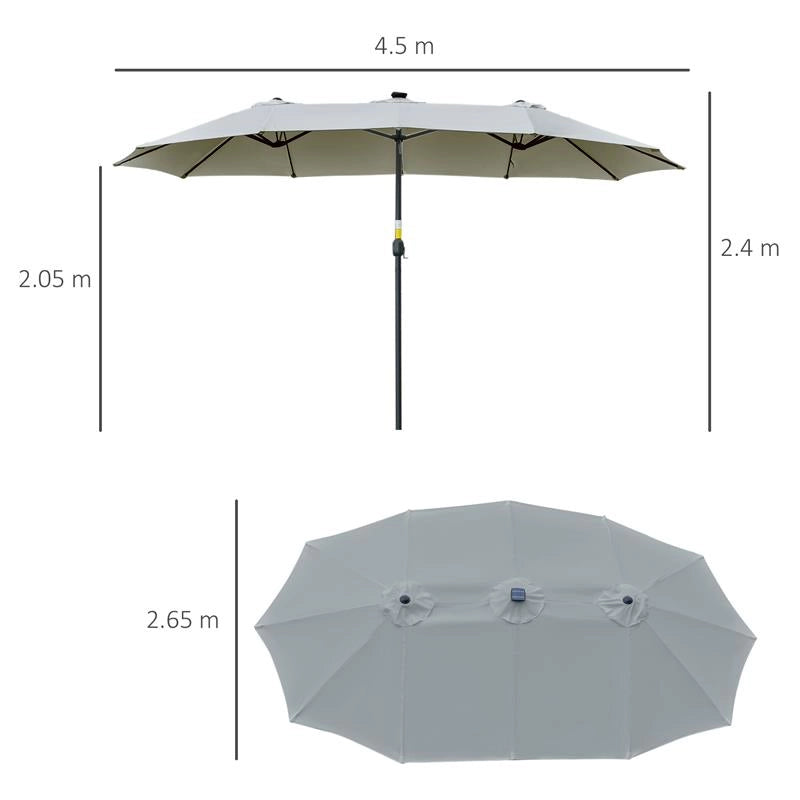 OMBRELLONE DA GIARDINO DOPPIO 4.5M CON 48 LUCI LED E MANOVELLA, GRIGIO CHIARO