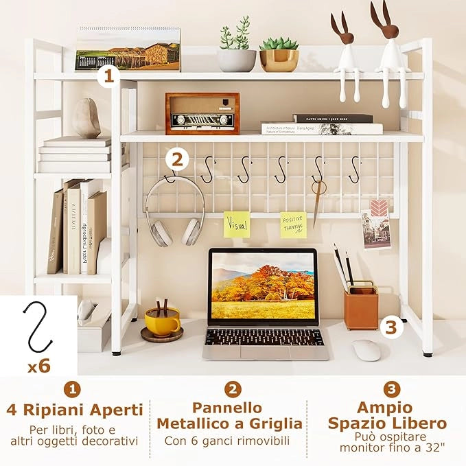 Mensola da Scrivania, Scaffale Espositivo a 4 Ripiani con Pannello a Griglia Metallica e 6 Ganci, Organizzatore da Scrivania per Computer, per Ufficio Casa Dormitorio, 94x25x73,5 cm (Bianco)