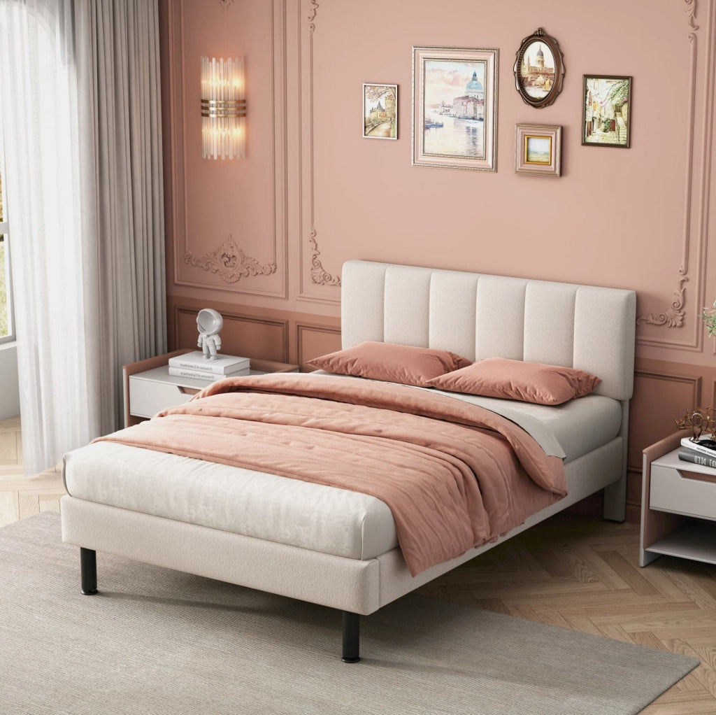 Letto 140x190 cm con rete a doghe; tessuto sherpa beige