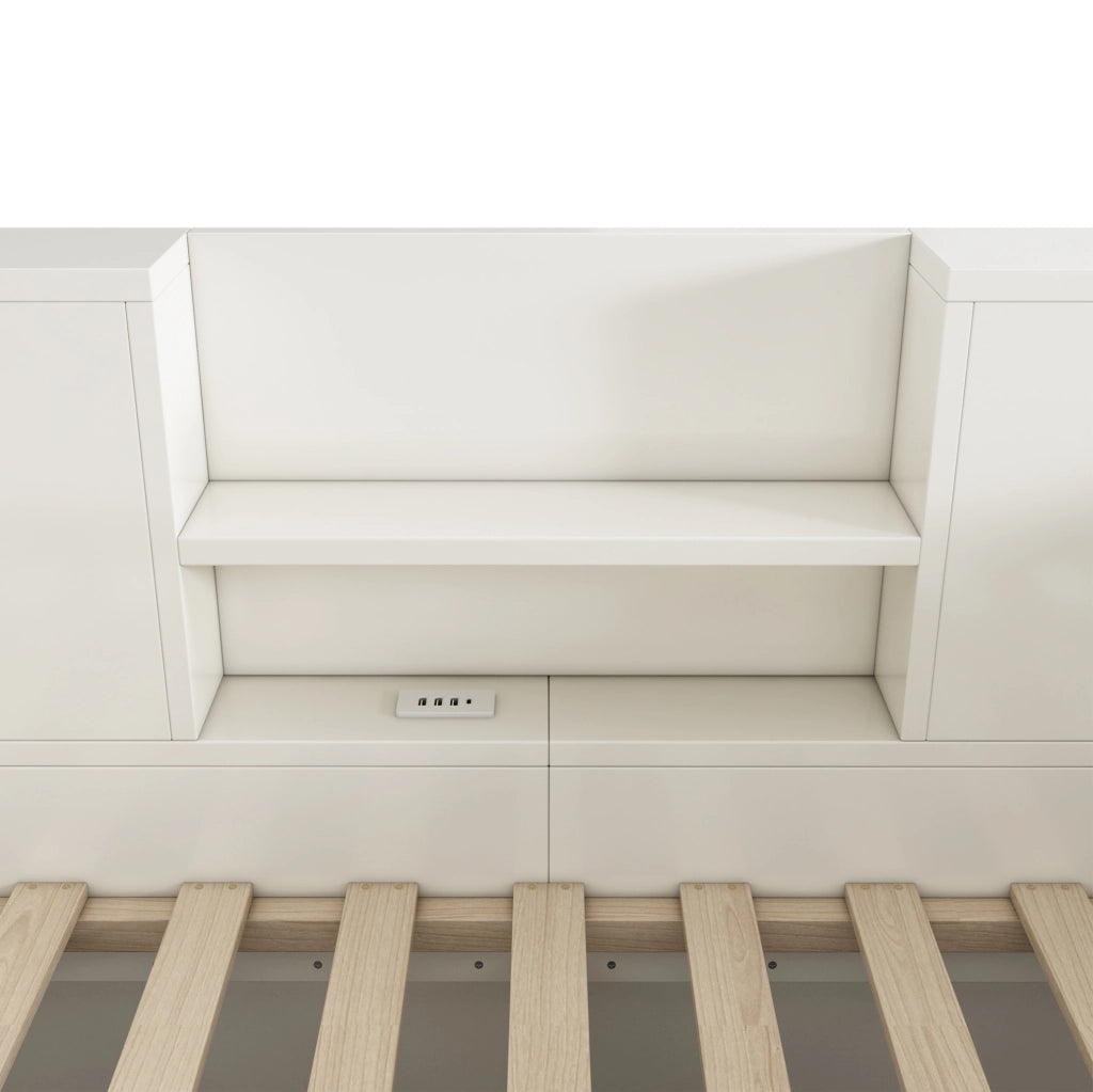 Letto da giorno 90x200 cm bianco in legno con contenitore; 2 ripiani e porta USB