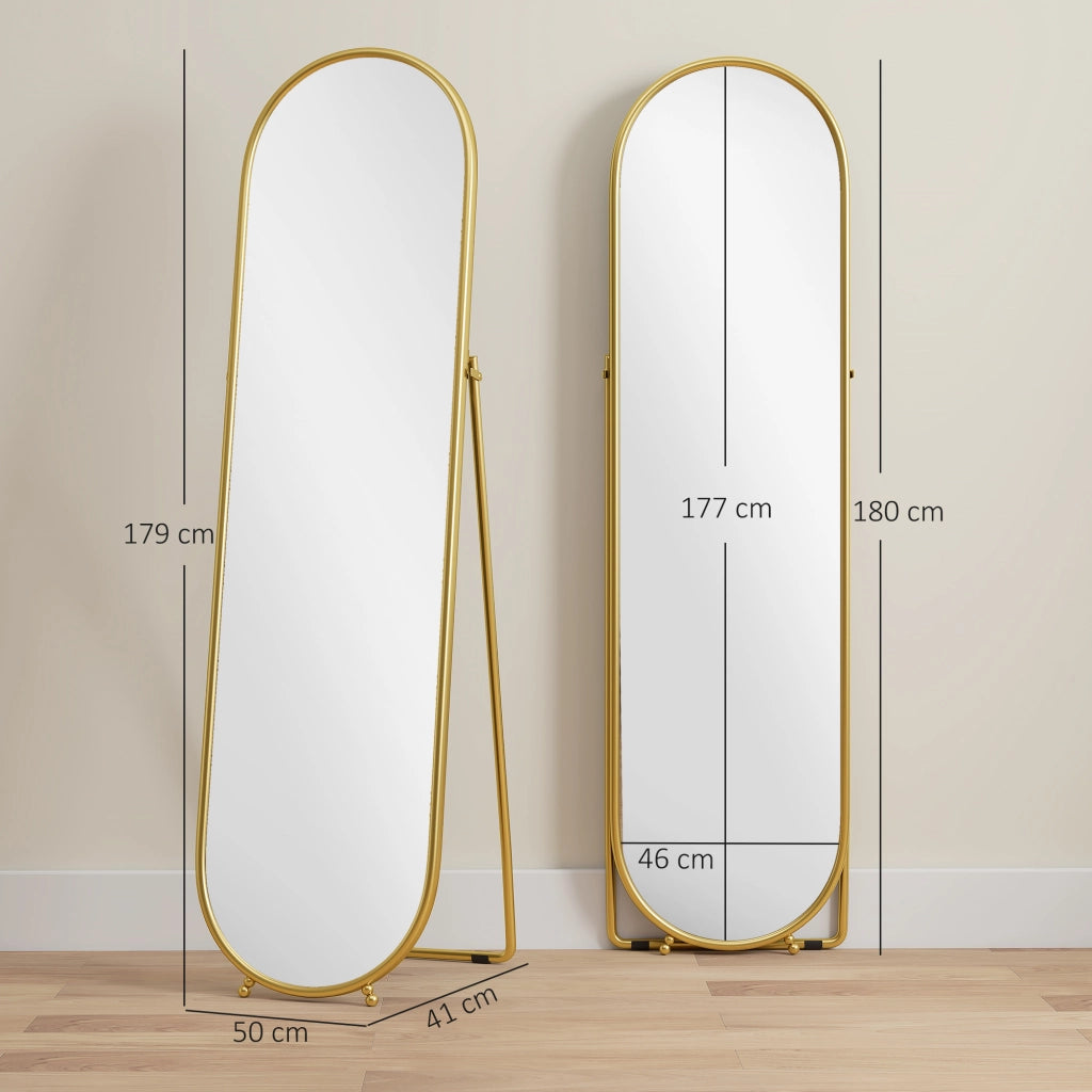 Specchio a Figura Intera da Terra 50x4x180 cm con Supporto Pieghevole in Vetro e Metallo Oro