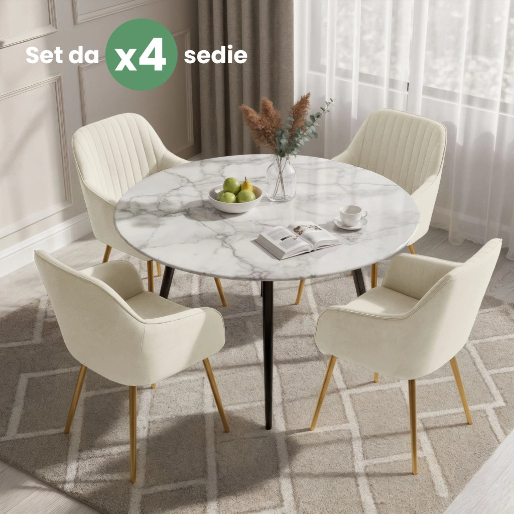Set di 4 Sedie in velluto con cuciture verticali FLORENCE Crema gambe oro