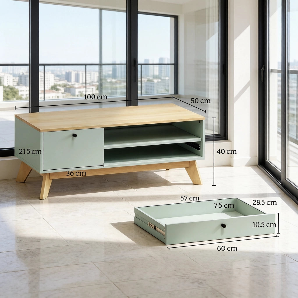 Tavolino da caffè con cassetto; anta e vano aperto - per soggiorno - in MDF - verde chiaro