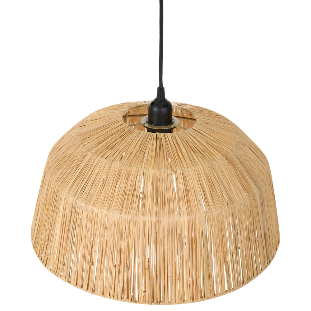 Lampada a sospensione con paralume in paglia naturale intrecciata a cupola, stile boho-japandi