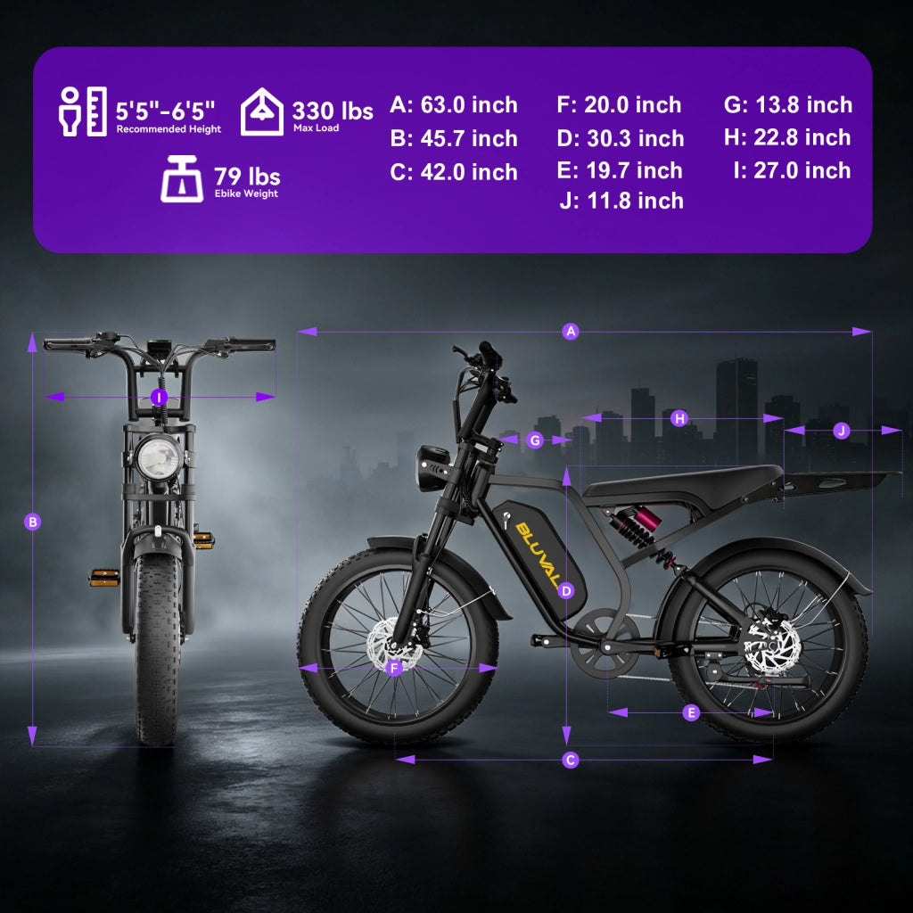 Bici Elettrica Fat Bike 20" Motore 250W (Picco 1500W), Batteria 52V 20Ah Autonomia 65km, Freni Idraulici Forcella Ammortizzata, Shimano 7 Marce Portata 150kg per Citt¨¤ e Fuoristrada