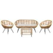 Set di divani a 4 posti in rattan naturale beige chiaro con cuscini in cotone con tavolino per interni e per esterni stile bohémien giardino balcone.