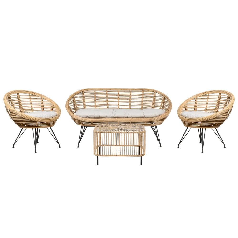 Set di divani a 4 posti in rattan naturale beige chiaro con cuscini in cotone con tavolino per interni e per esterni stile bohémien giardino balcone.