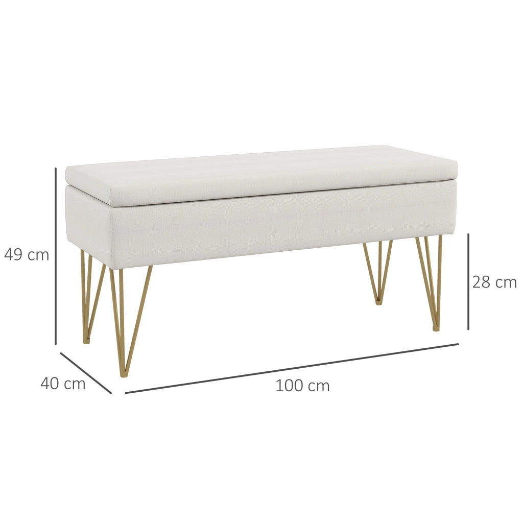 Panca imbottita contenitore 100 x 40 x 49 cm, tessuto effetto lino, bianco crema, struttura in acciaio
