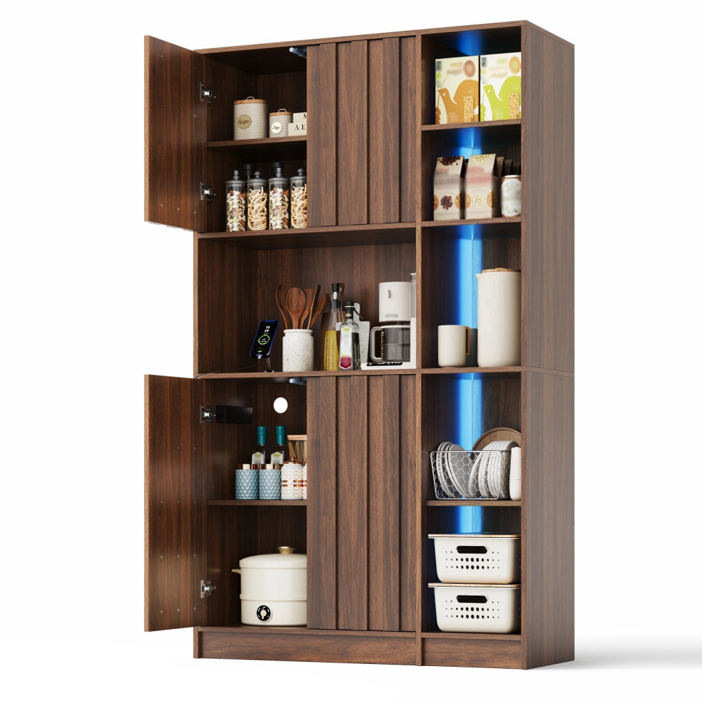 Colonna cucina 105x40x180 cm in MDF marrone, LED, prese e contenitore