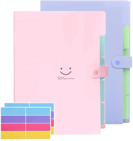 Mapa espandibile, 2-pack di mappe con compartimenti, documentazione A4 con etichette, sistema di archiviazione A4, organizzatore di documenti per casa, ufficio, scuola e viaggi