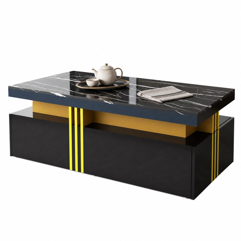 Tavolino da salotto moderno rettangolare 100x50x40 cm in truciolare nero; piano effetto marmo e 2 cassetti
