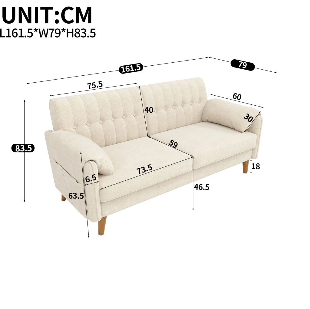 Divano a 2 posti in ciniglia beige con cuscini bracciolo; tasche laterali e gambe in legno; 161;5 cm