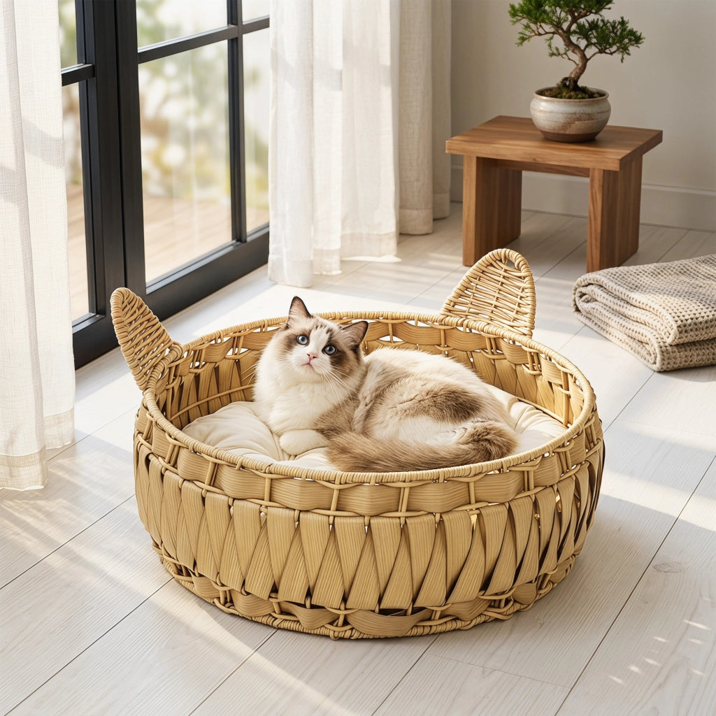 Letto per gatti in rattan con cuscino ¨C zephmum ¨C 50x50x25 cm marrone chiaro