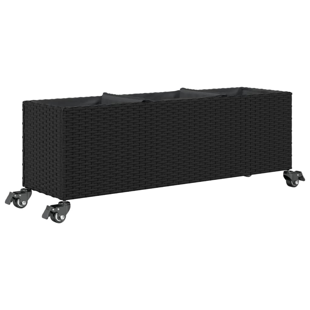 Fioriera rialzata per piante fiori patio giardino con ruote e 3 vasi 107 x 32 x 38 cm rattan nero 02_0038212