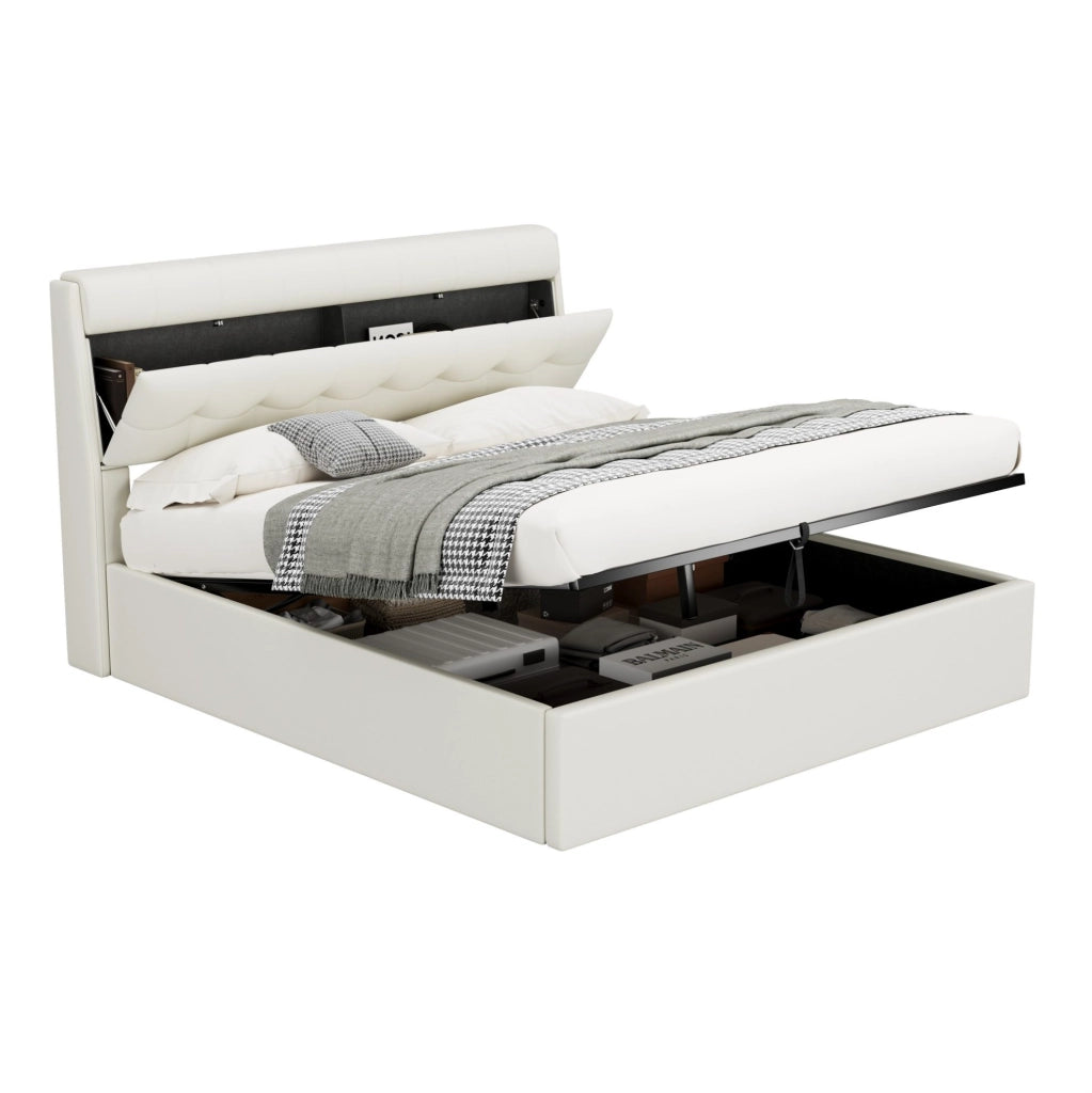 Letto imbottito 160x200 cm in PU bianco con contenitore; testiera con vano nascosto e rete a doghe