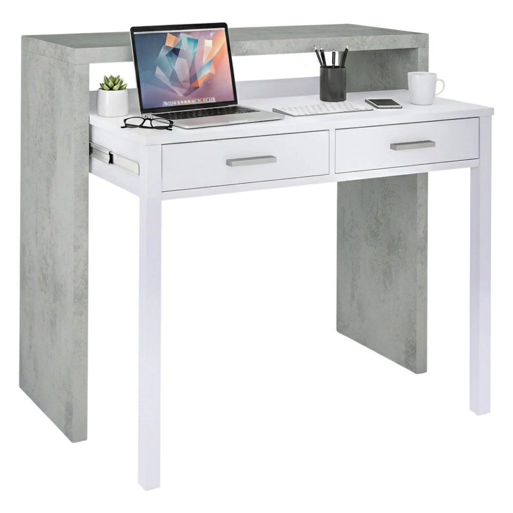 Consolle Andriy, Scrivania con piano estensibile, Scrittoio porta PC con 2 cassetti, cm 99x36h88, Cemento e Bianco