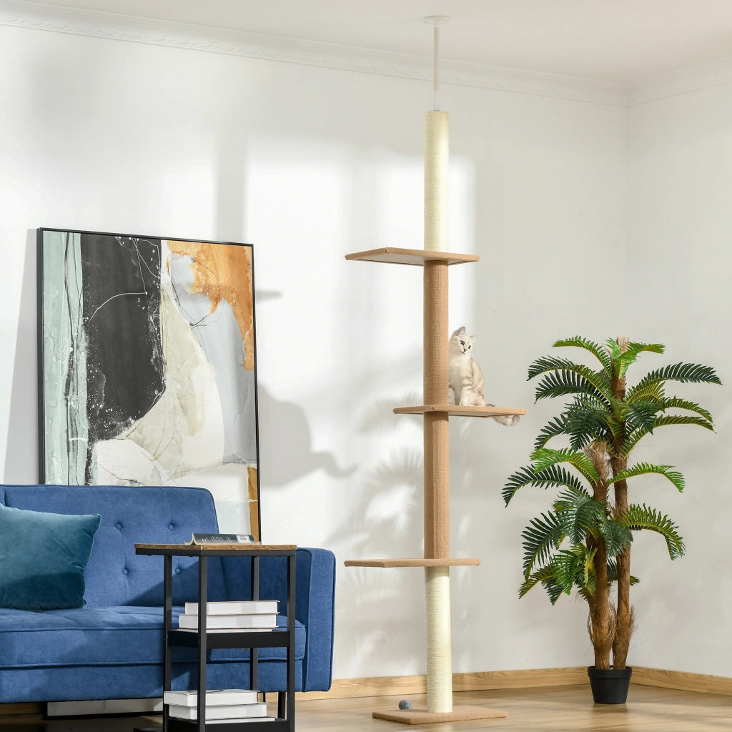 Albero Tiragraffi per Gatti da Soffitto Regolabile in Altezza, 4 Piattaforme, Colore Khaki