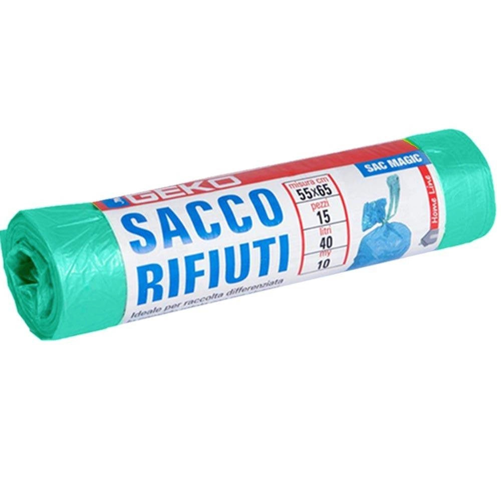 Trade Shop - 7x Rotoli Sacchetti Buste Spazzatura 40lt 55x65cm Chiusura Laccetto Verde 105pz -