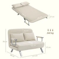 Divano letto 2 posti con schienale regolabile e 2 cuscini, rivestimento in tessuto effetto scamosciato, Beige