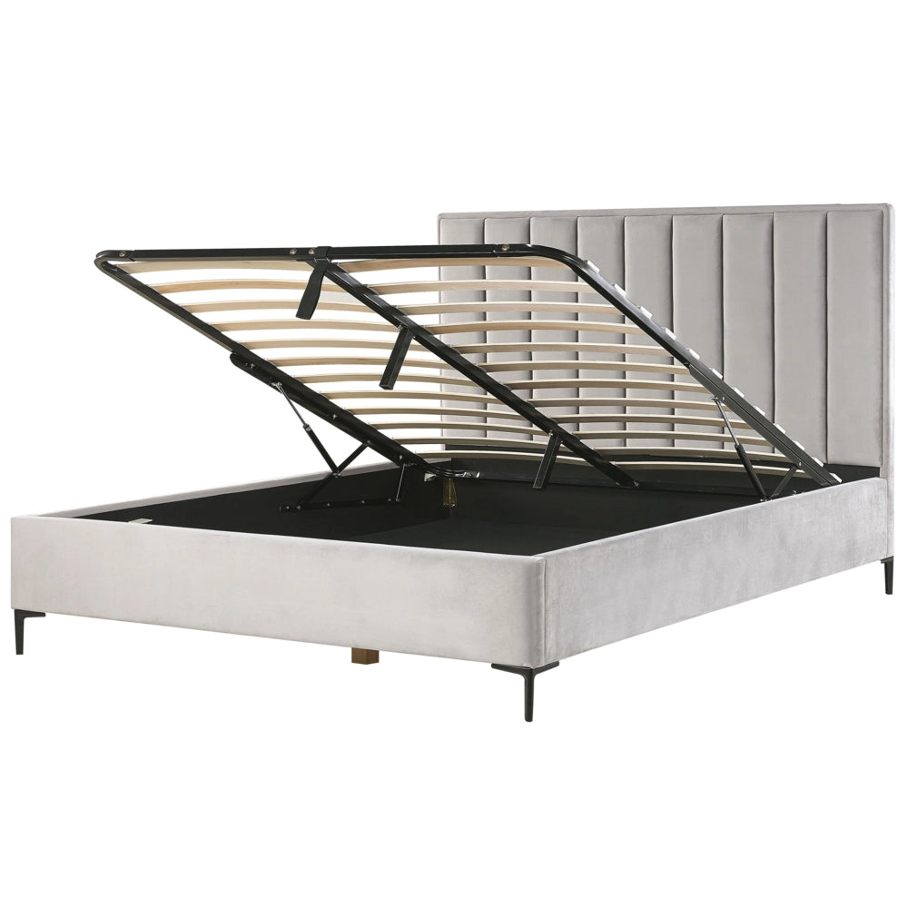 Letto in velluto grigio chiaro 180 x 200 cm con testata imbottita contenitore ottomana Gambe in metallo Nero