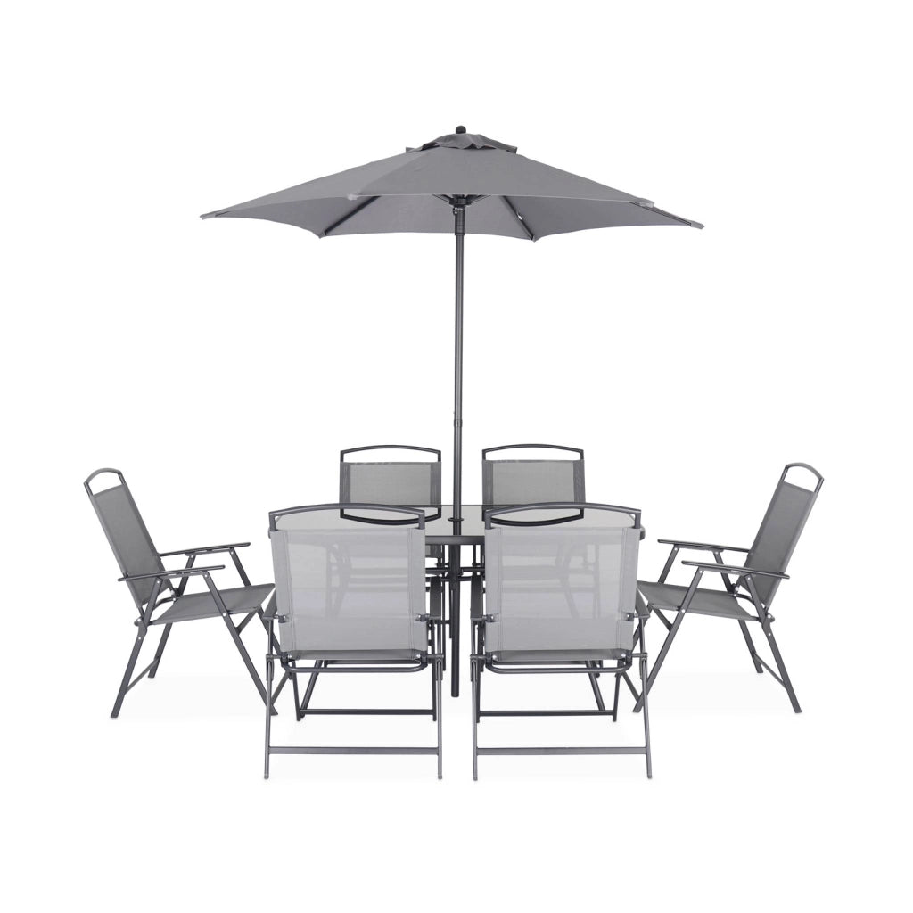 Set tavolo da giardino in acciaio con 6 poltrone e 1 ombrellone,