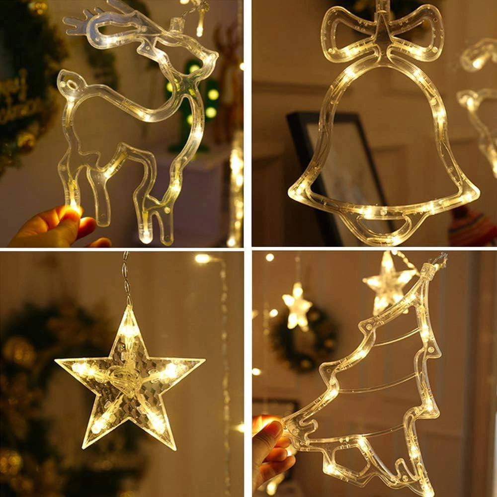 Trade Shop - Luci Tende Led 12 Lampade Campane Alberi Natale Decorazioni A Corrente Bianco Caldo -