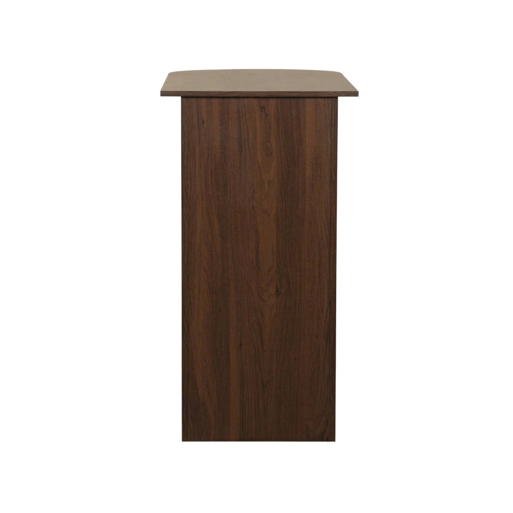 Tavolo alto da cucina decorato in legno con ripostigli, noce