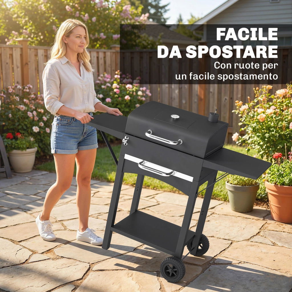 Barbecue a Carbone con 2 Ripiani Laterali, Termometro, Coperchio e Ruote, 110x46.5x101 cm, Nero