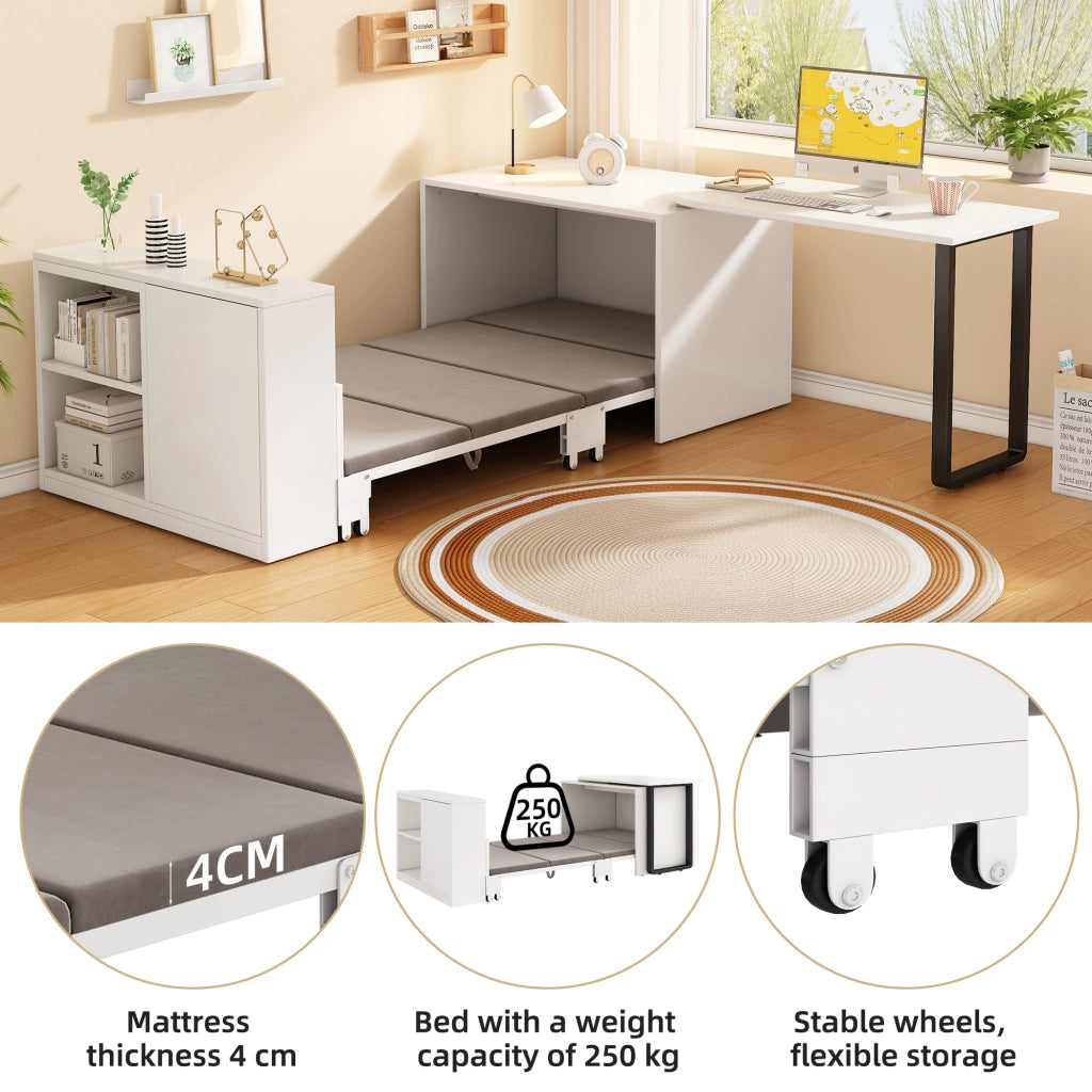 Scrivania pieghevole multifunzionale con letto e 2 vani aperti, per ufficio e camera, bianco, 216 × 116 × 79 cm