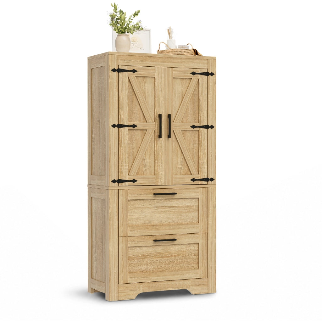 Credenza alta in stile rustico con 2 cassetti, ripiani regolabili e struttura in MDF, colore naturale