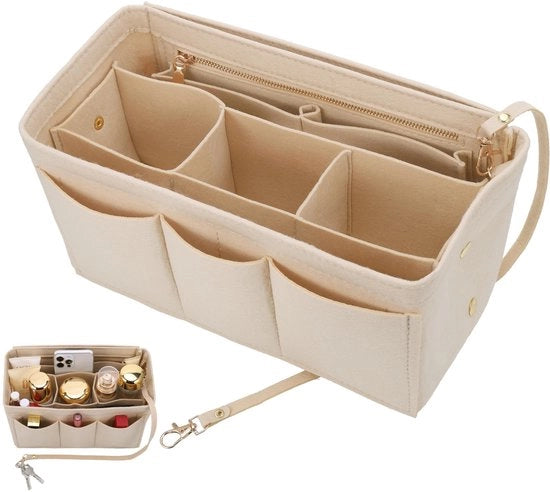 Organizzatore di borsa a mano, organizzatore di borse, 27 × 16 × 15 cm borsa con diverse tasche e tasca interna per donne e ragazze (beige, M)