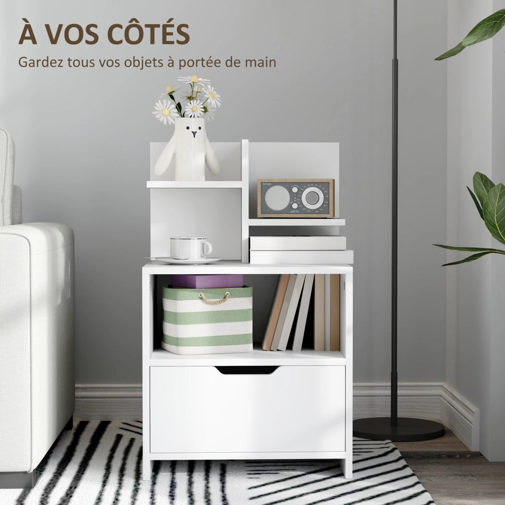 Comodino con cassetto, nicchia e ripiani effetto legno ¨C zephmum ¨C bianco 45x35x73 cm
