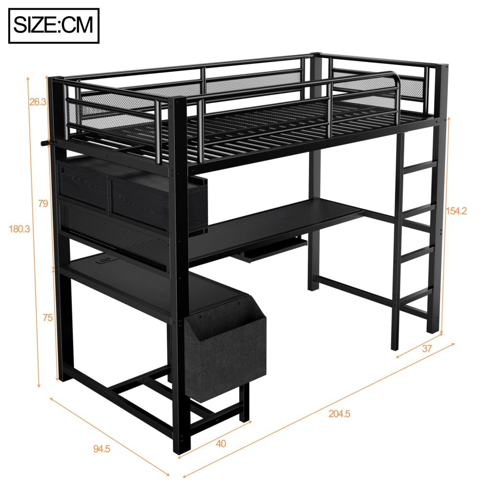 Letto a Soppalco 90x200 cm con Scrivania; LED; USB e Presa; in MDF e Metallo; Nero
