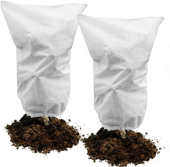 Calzamani per protezione invernale 2 pezzi, 50 g/m² 80 cm x 100 cm calzamani per protezione delle piante con cordino, copertura invernale per piante per resistenza al tempo, freddo, uccelli e insetti beige-bianco
