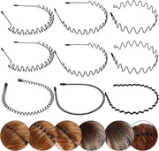 Set di fasci per capelli in metallo per uomini - Set da 9, design ondulato, antiscivolo per sport, yoga, danza e trucco