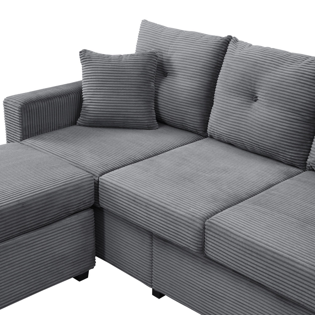 Divano ad angolo modulare con illuminazione LED e pouf versatile, con 2 cuscini, in tessuto corduroy grigio antico