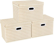 Scatole di archiviazione pieghevoli con coperchio, grandi scatole di archiviazione con coperchio in tessuto, scatole di archiviazione per armadi, giocattoli, organizzazione di casa e ufficio, set da 3, beige.