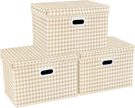 Scatole di archiviazione pieghevoli con coperchio, grandi scatole di archiviazione con coperchio in tessuto, scatole di archiviazione per armadi, giocattoli, organizzazione di casa e ufficio, set da 3, beige.