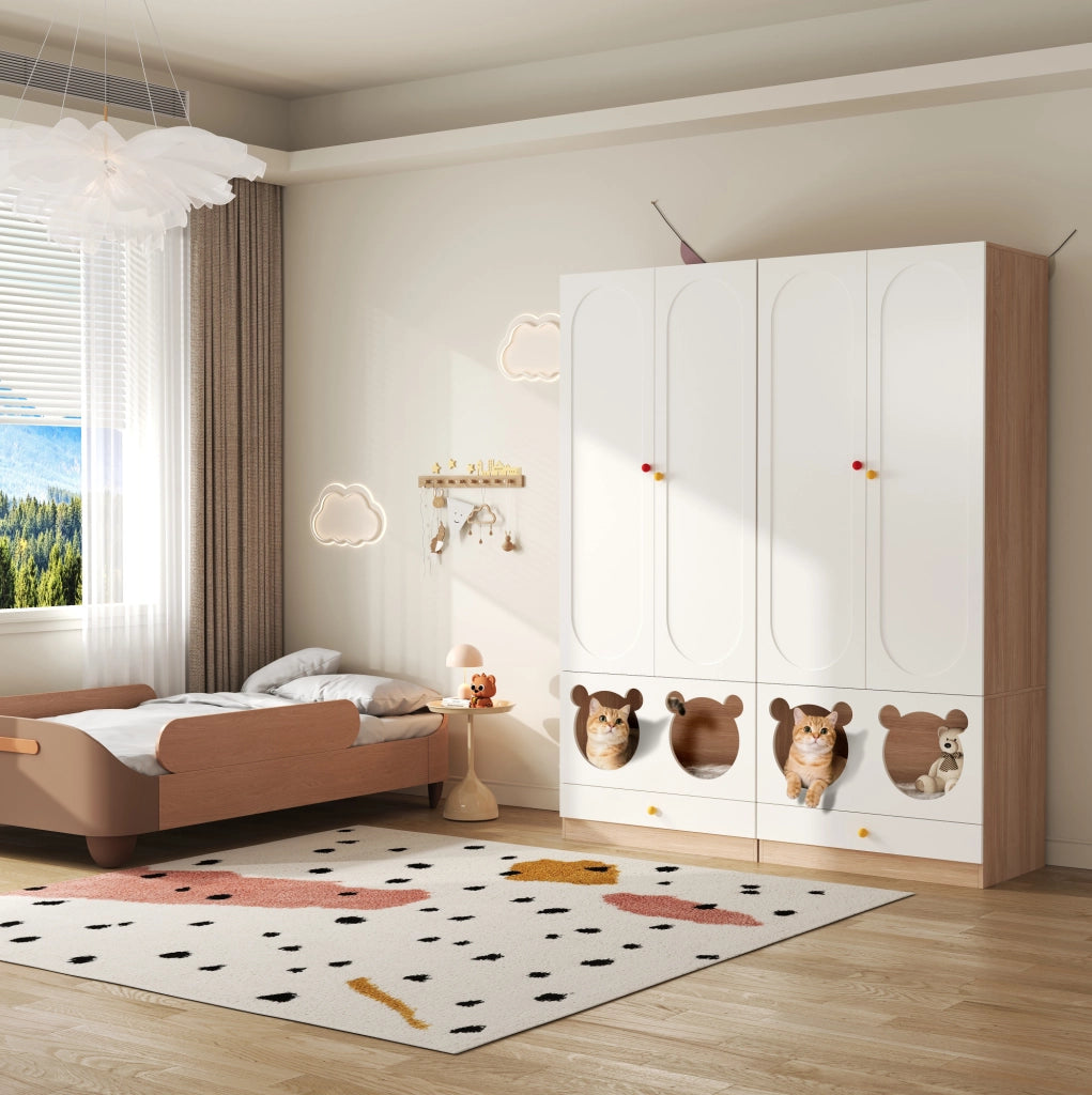 Armadio per cameretta con appendiabiti e cassetti in MDF colore naturale e bianco