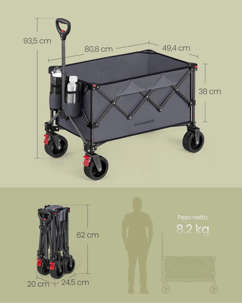 SONGMICS Carrello da Campeggio Pieghevole, Carretto, 150 L, Portante 150 kg, Carrello da Giardino, con Manico, 4 Ruote Rimovibili, Salvaspazio, per Esterni, Giardino, Grigio Ardesia GFW115G01