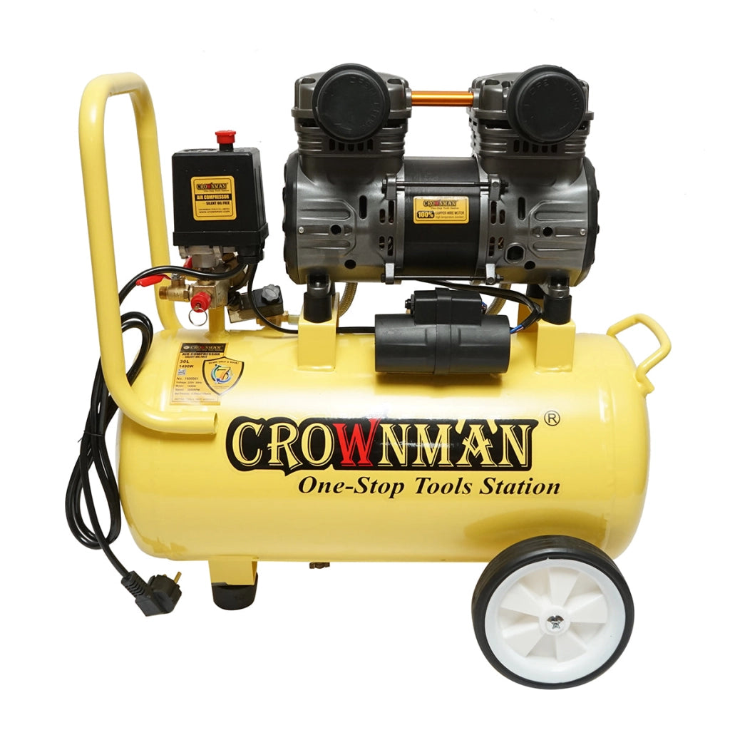 Compressore d'aria silenzioso oil-free da 30 litri, potenza motore 1,5 kW/2 CV, pressione massima 8 bar, volume di aspirazione aria 130 l/min Crownman