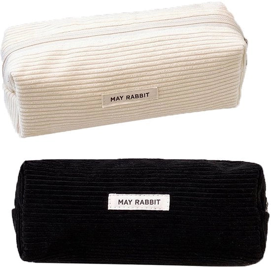 Etui da 2 pezzi in corduroy, custodia lavabile, custodia portatile con chiusura a righello pratica, custodia estetica, per ragazzi, uomini e donne (nero + bianco)