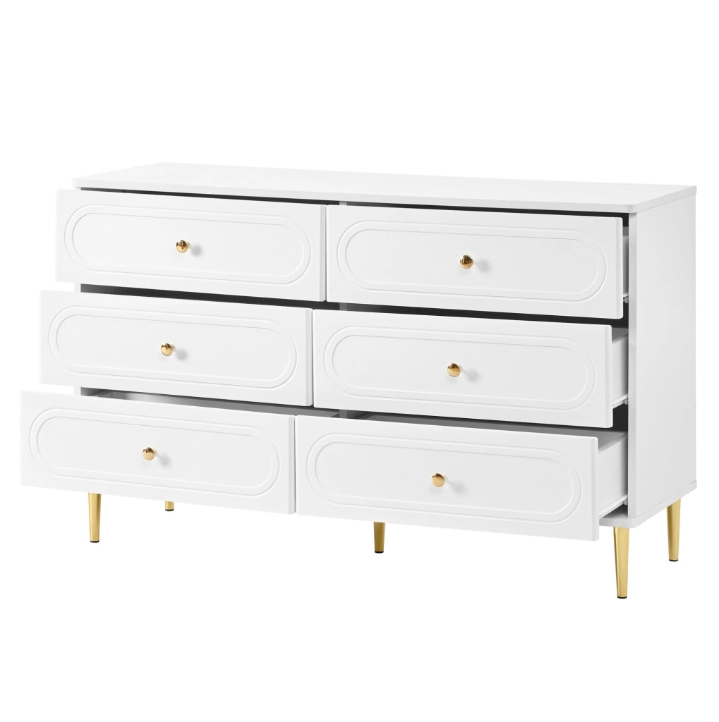 Credenza ULEVR 120x40x75 cm con 6 cassetti e piedini in metallo, bianca