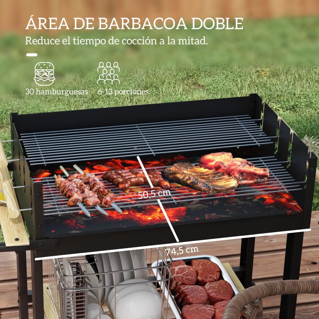 Barbecue a Carbone con 2 Griglie Regolabili ¨C Xylo ¨C Tavolo Laterale, Ripiano e Ruote per Giardino Nero