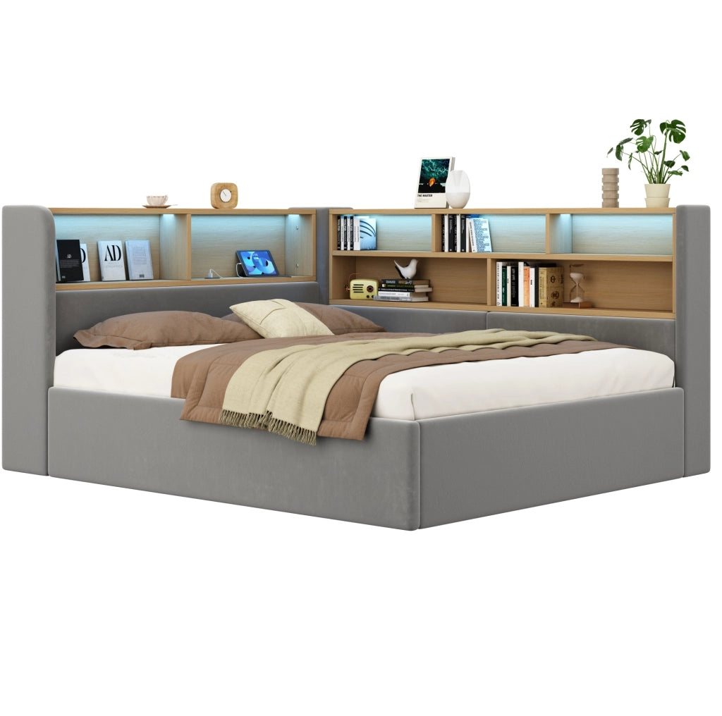 Letto imbottito 140x200 cm con contenitore idraulico; LED; USB e Type-C in velluto grigio