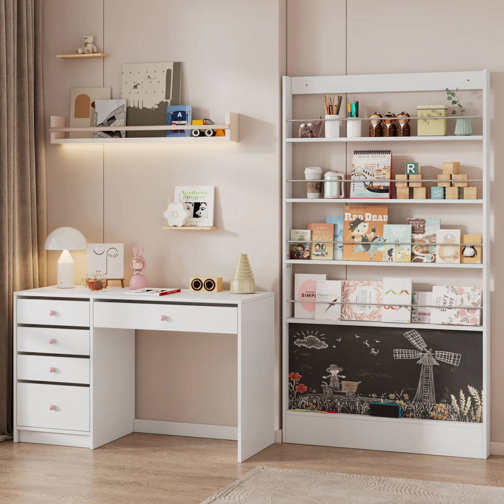 Libreria slim 100x10x180 cm con lavagna nera, 4 ripiani aperti, salvaspazio con fissaggio a parete, bianco