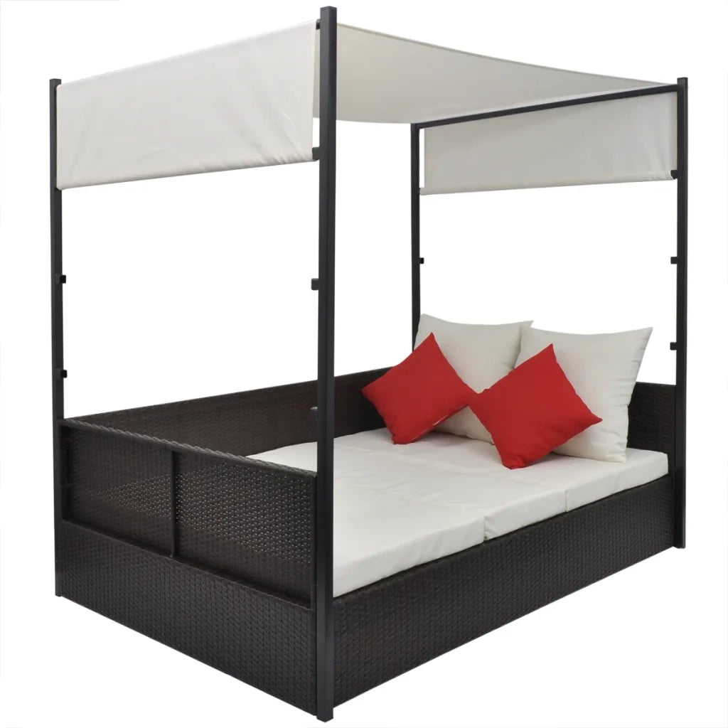 Lettino da Giardino con Tetto Marrone 190x130 cm in Polyrattan 42900