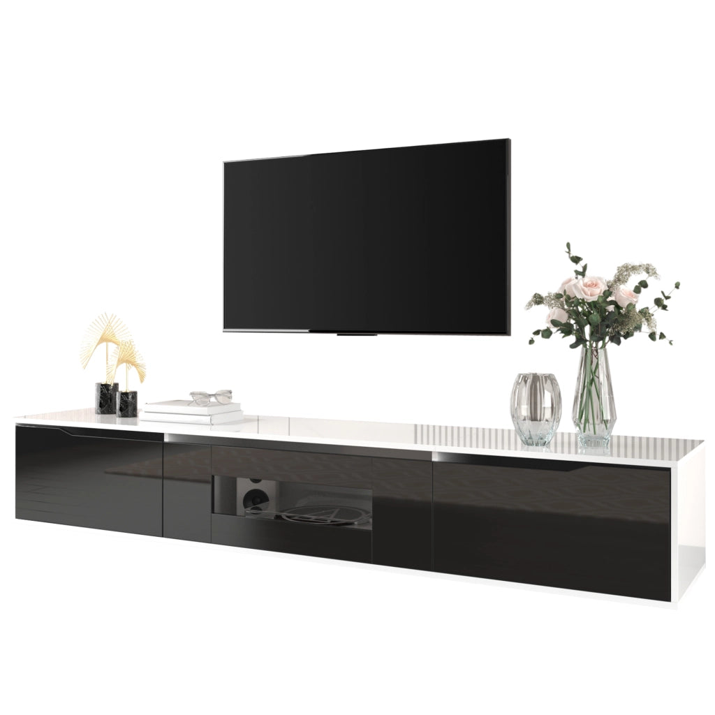 Mobile TV moderno 180x30x35 cm bianco e nero con LED multicolore, ante rigate e finitura lucida