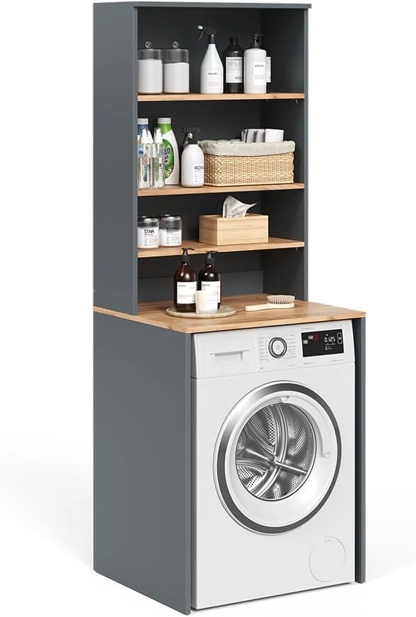 Mobile lavatrice Viktor, Antracite/quercia dorata, 66 x 88.2 cm 2 parti con ripiano, adatto per l'installazione su lavatrici standard